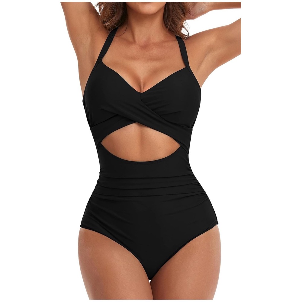 Eomenie Womens Black Cutout One Piece Swimsuit Ruched Monokini XL NEW travel